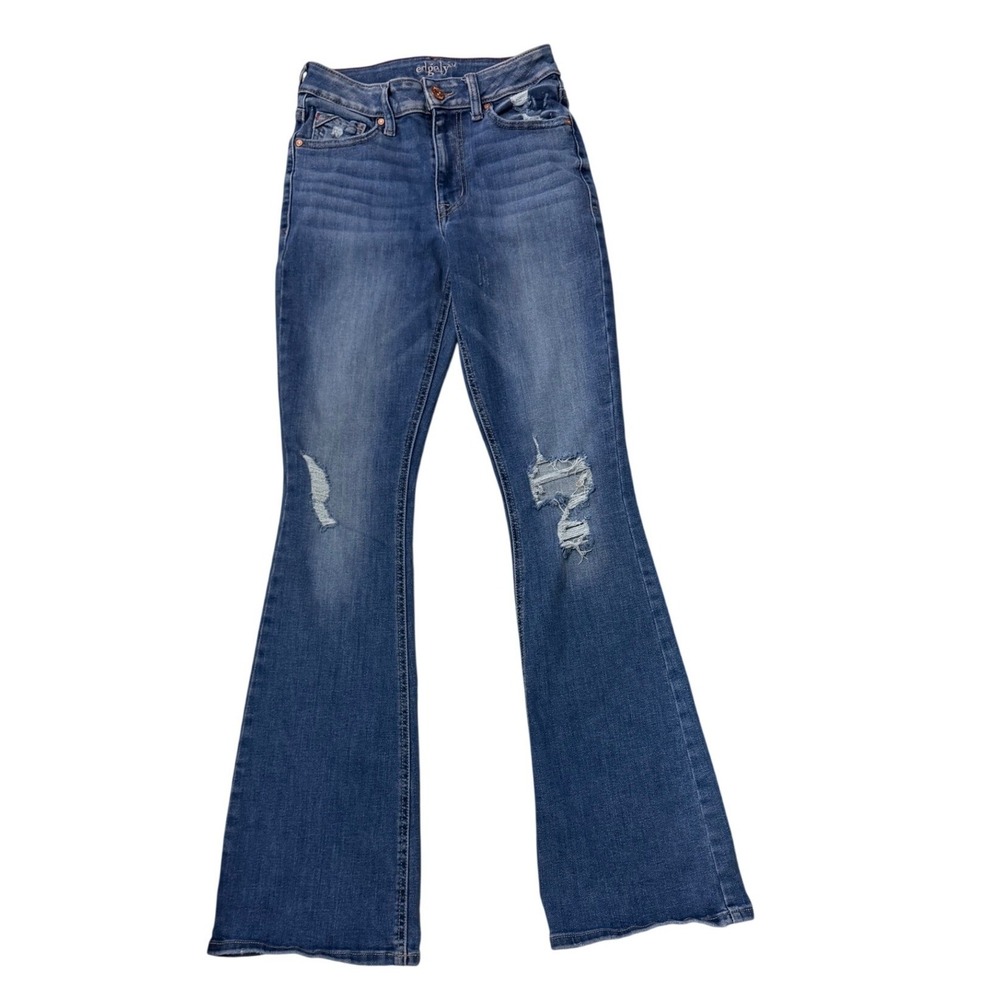 Edgely Womens Size 4 Long (35") High Rise Flare Jeans Distressed Medium‎ Wash
